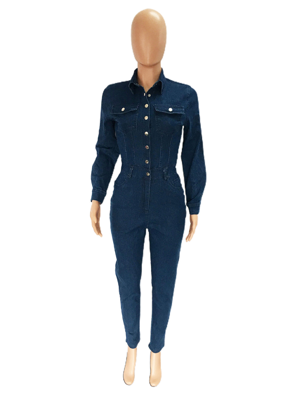 Denim Button Front Long Sleeve Jumpsuit