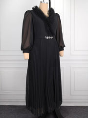 Elegant V Neck Chiffon Long Sleeve Pleated Dress