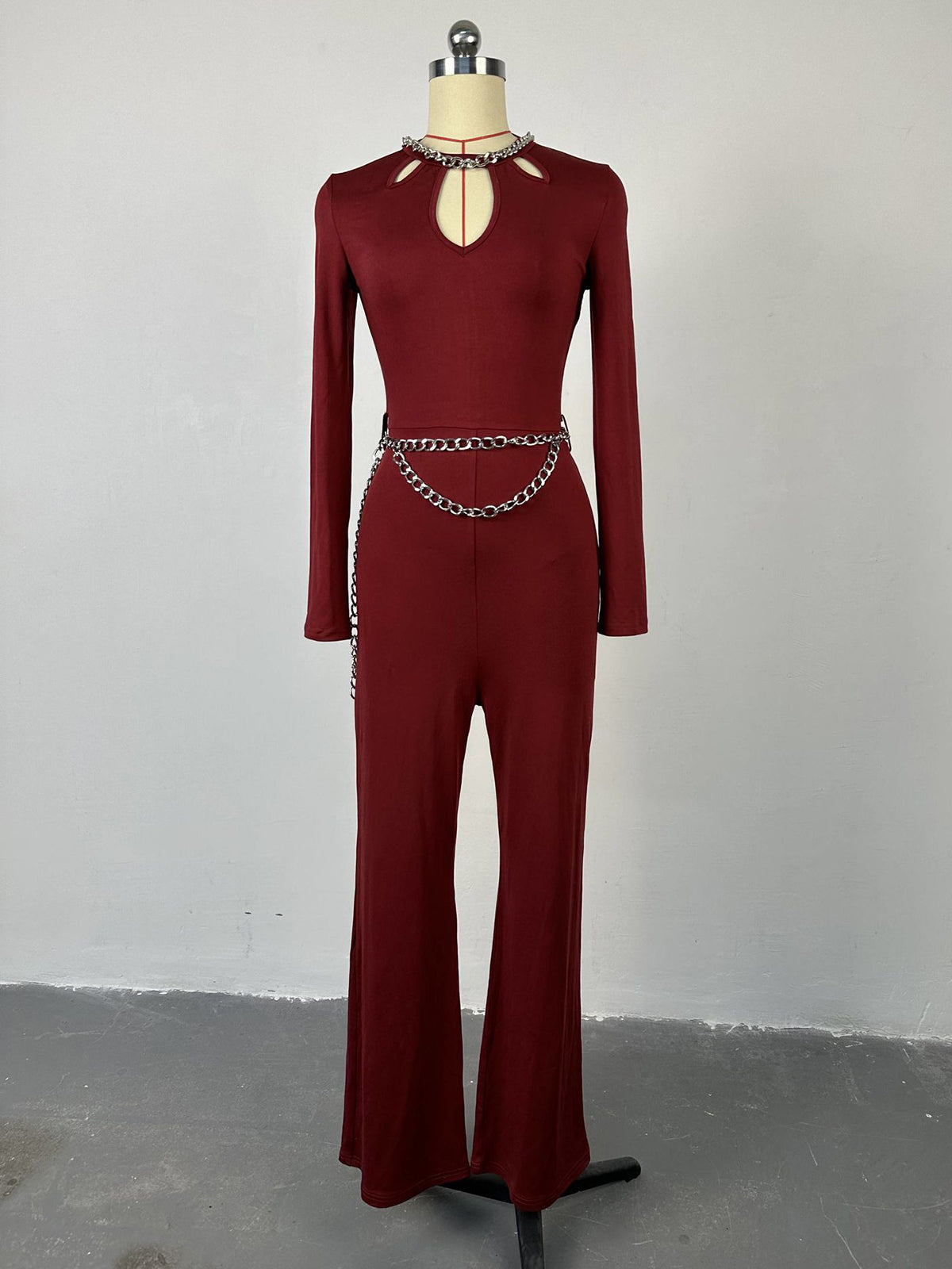 Hollow Long Sleeve Slim High Waist Wide Leg Jumpsuit