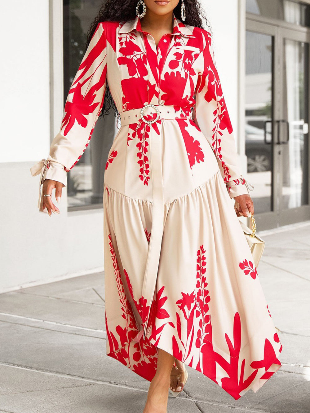 Casual Floral Print Long Sleeve Irregular Hem Maxi Dress