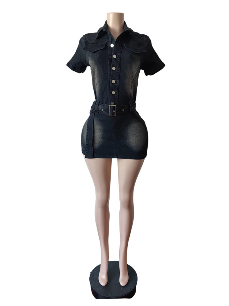 Sexy Button Cinched Waist Bodycon Denim Mini Dress