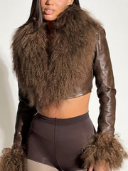 Fluffy Long Sleeve Patchwork PU Leather Cropped Coat