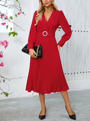 Graceful V-Neck Long Sleeve Belted Midi Dress