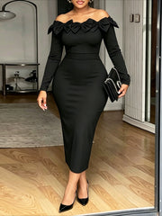 Off Shoulder Bow Long Sleeve Bodycon Dress