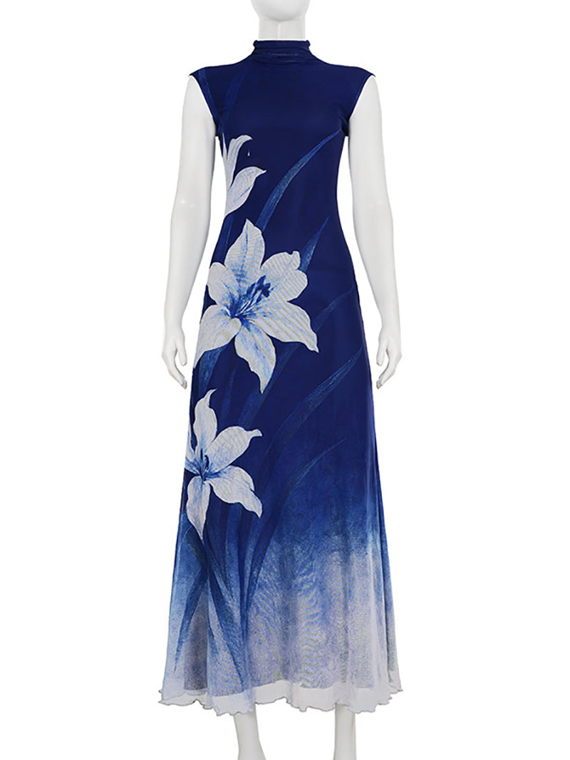 Elegant Gradient Color Print Slim Maxi Dress