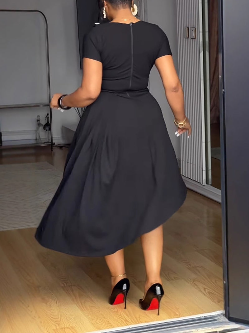 Casual Round Neck Irregular Hem Split Midi Dress
