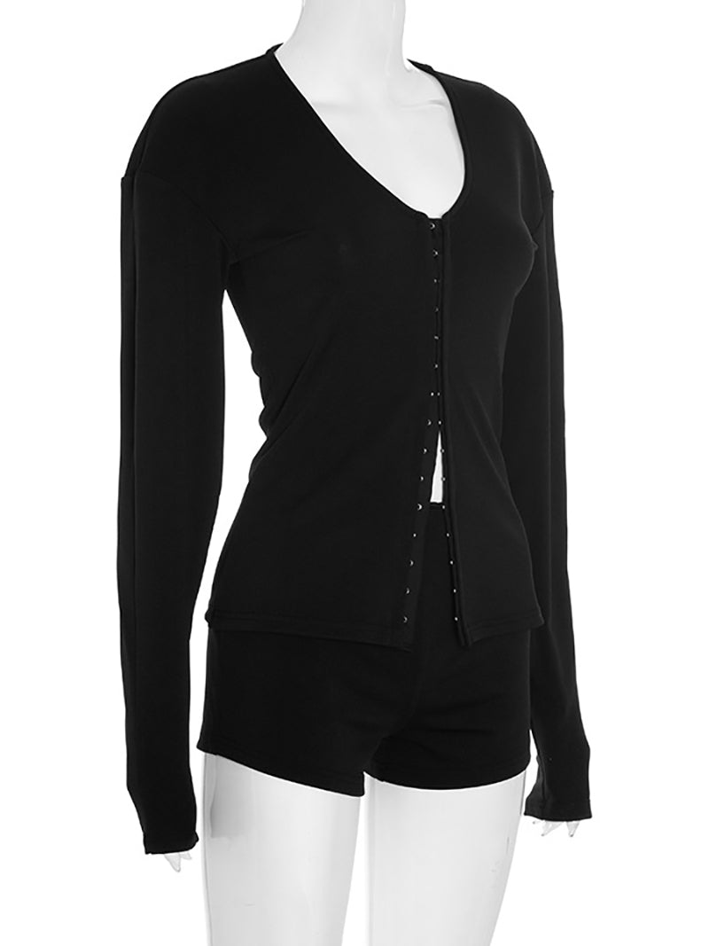 Fashion Tight Button V-neck Top Shorts Casual Set