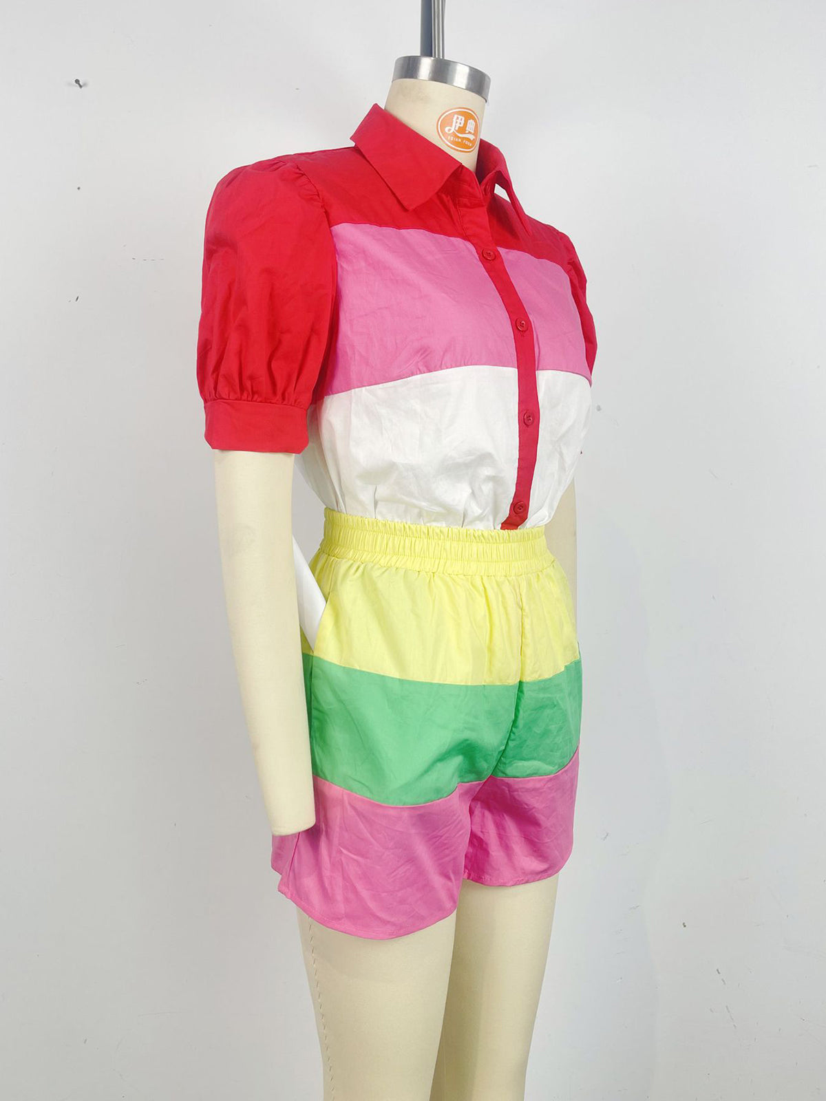 Multi-Color Patchwork Lantern Sleeve Shirt Shorts Set