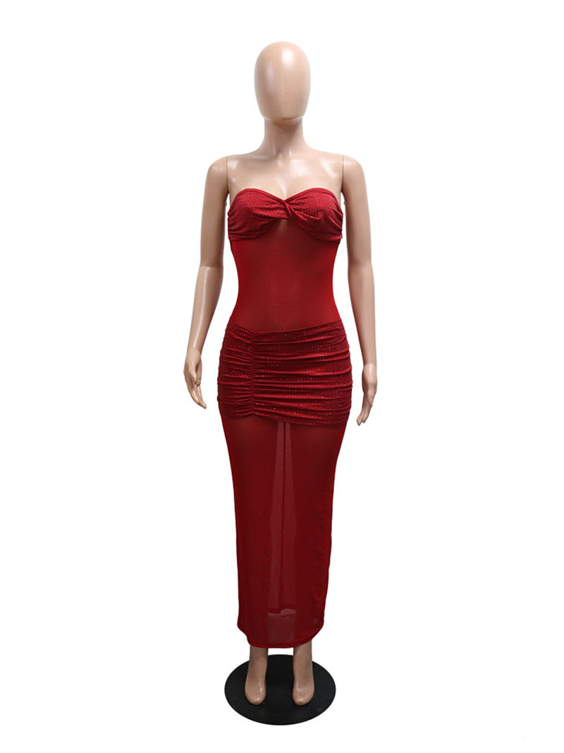 Sexy Embellished Mesh Sheer Ruched Maxi Dress