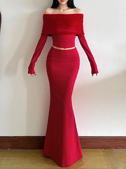 Elegant Off Shoulder Cropped Top Fishtail Skirt Set