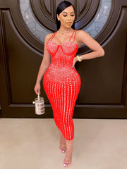 Rhinestone Mesh Corset Midi Dress