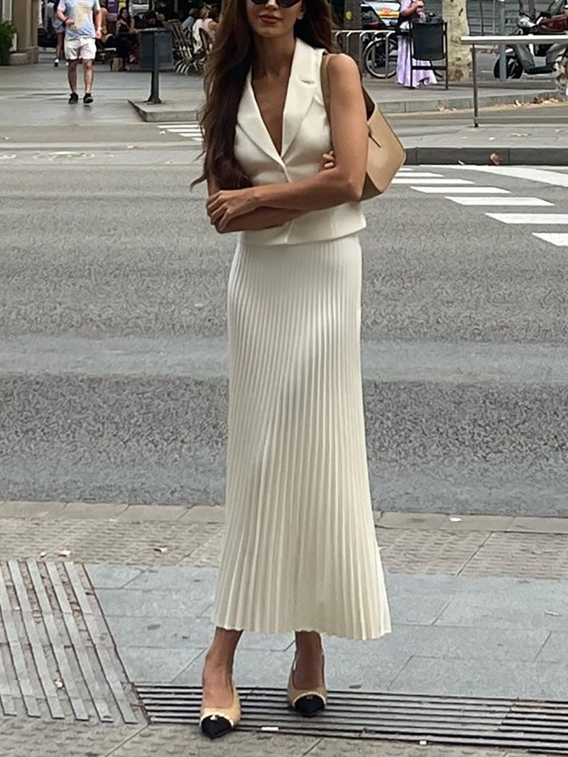 Turndown Collar Vest Top Pleated Skirt Sets