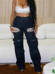 Rhinestone Hollow Out Cargo Jeans