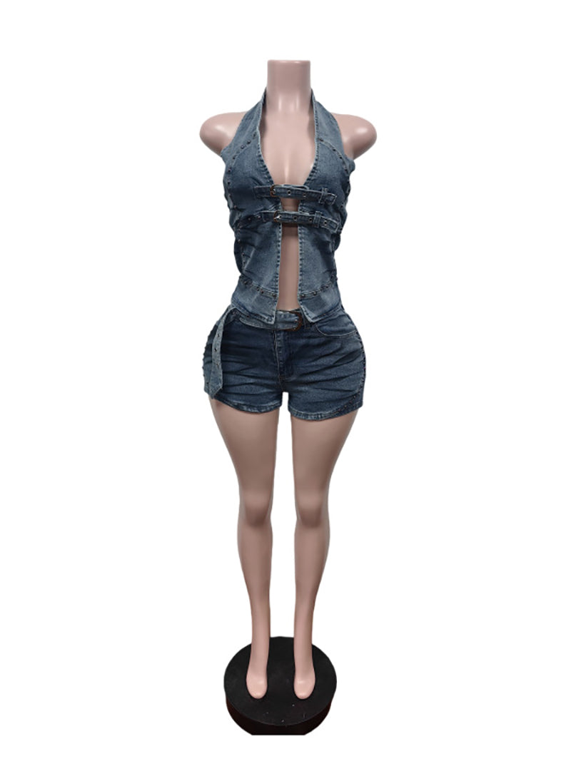 Sexy Denim Print Beading Halter Top and Shorts Sets