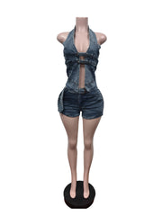 Sexy Denim Print Beading Halter Top and Shorts Sets