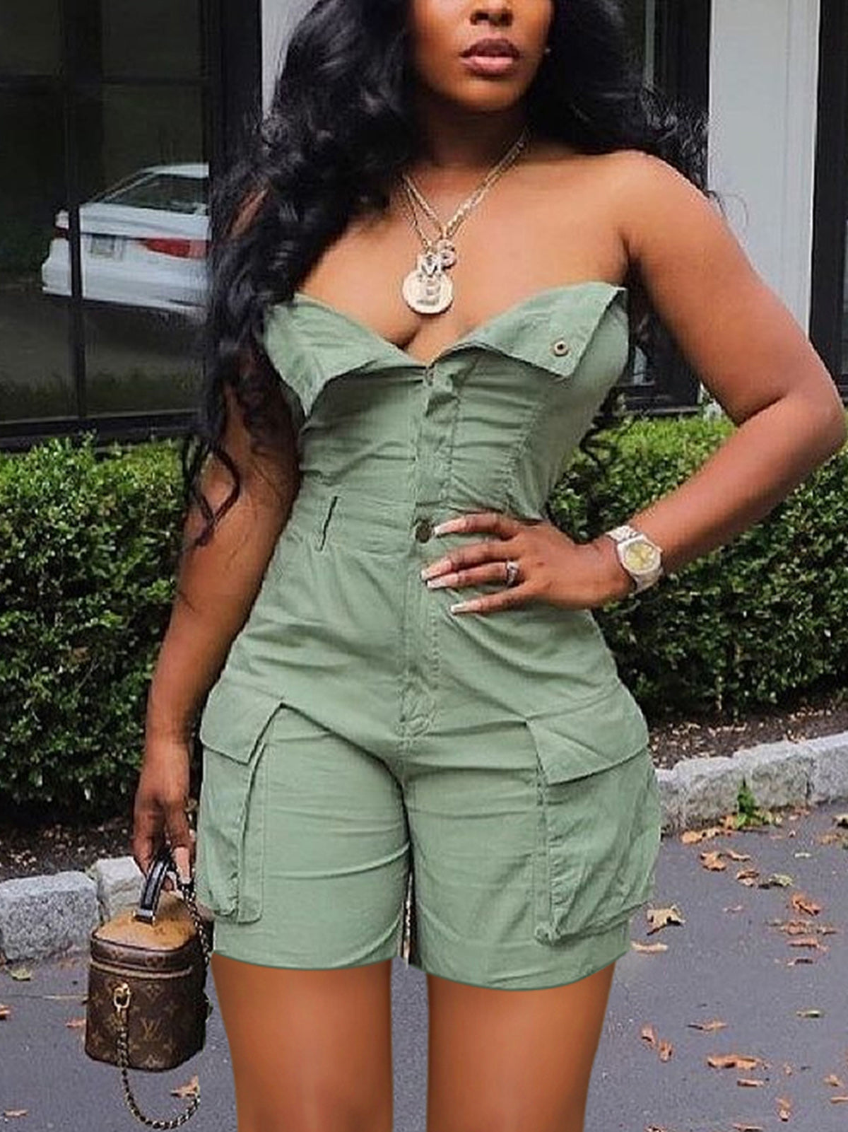 Sexy Strapless Denim Cargo Romper