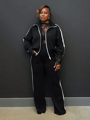 Color Block Zip Top and Wide Leg Pants Set