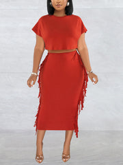 Round Neck Crop Top Tassels Skirts Casual Set