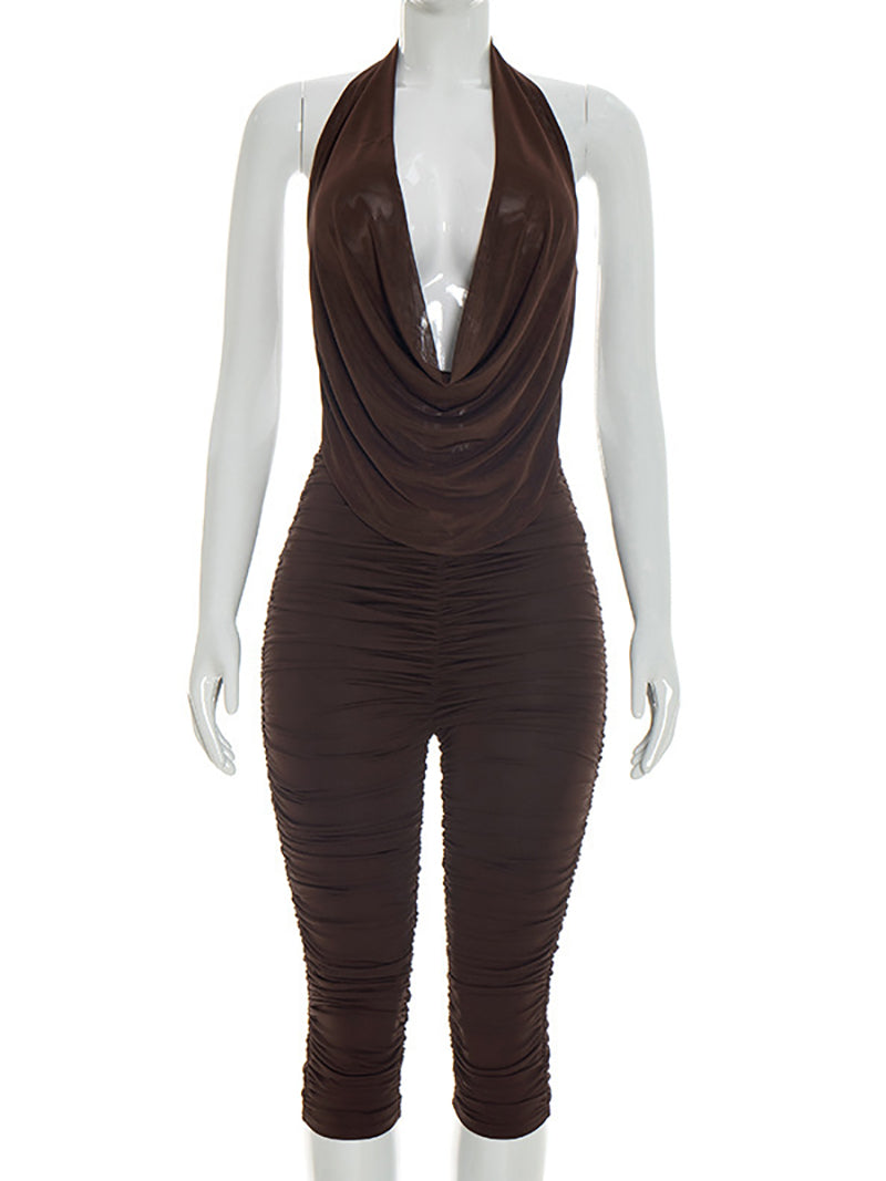 Sexy Mesh Sheer Halterneck Backless Capri Pants Set