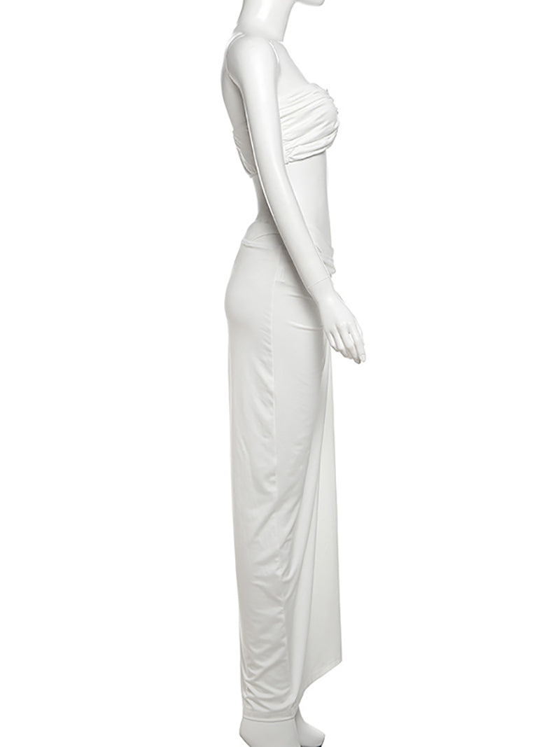 Oyster Metal Decor Strapless Top High Slit Skirt Sets
