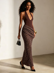 Sequin Halter Backless Evening Dress-boutique