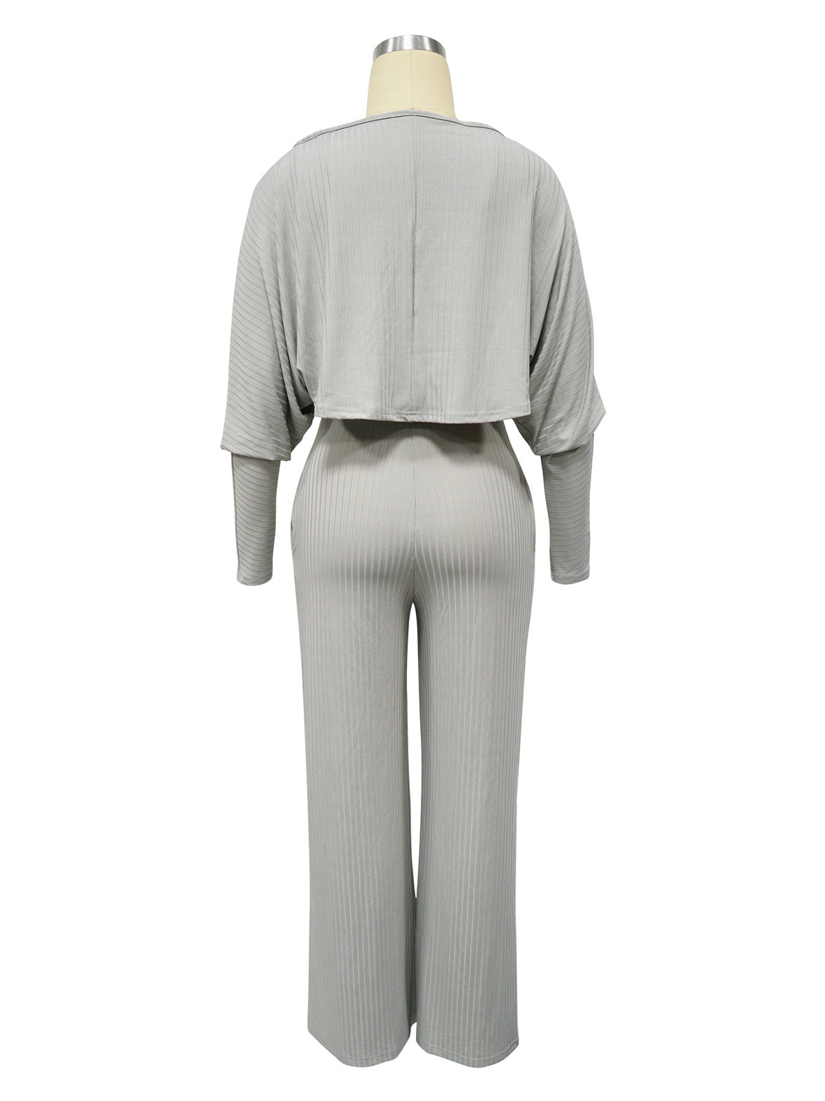 Casual Ribbed Jumpsuit Long Sleeve Cardigan Set