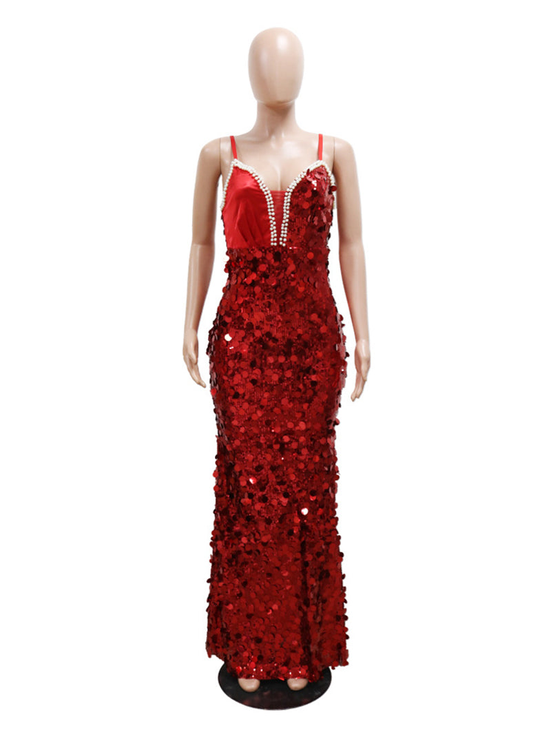 Beading Sequin V Neck Party Club Maxi Dress