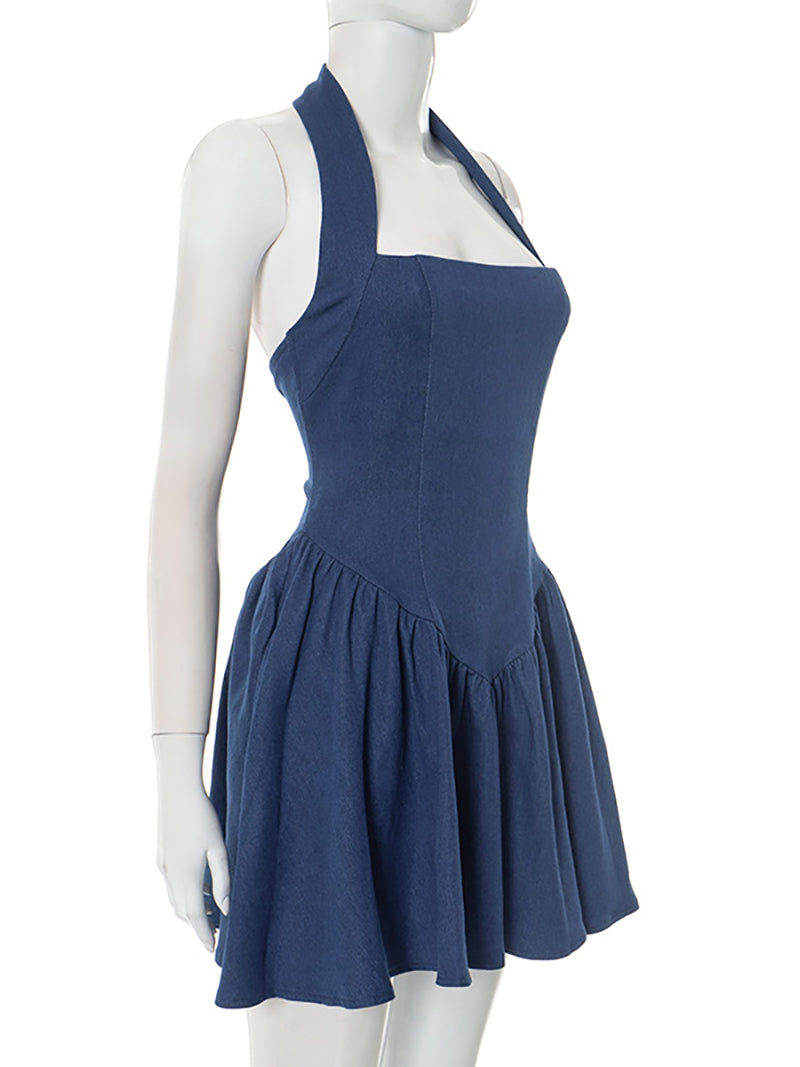 Sexy Halter Backless Denim Mini Dress
