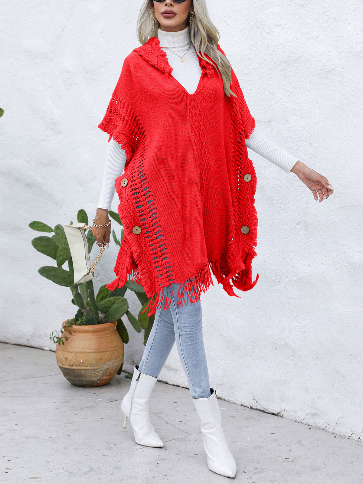 Fringe Trim Buttoned Hooded Poncho