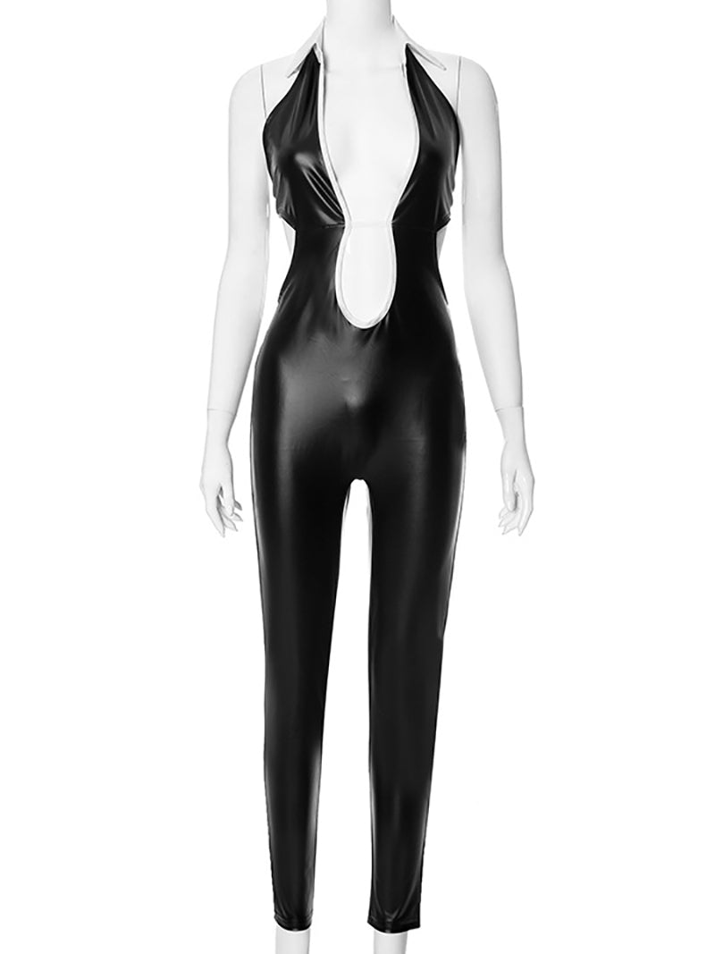 Sexy PU Leather Hollow out Slim Jumpsuit