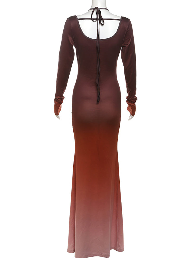 Gradient Metal Ring Backless Maxi Dress Sets