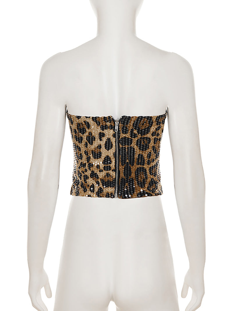 Sexy Leopard Print Sequin Strapless Corset Top