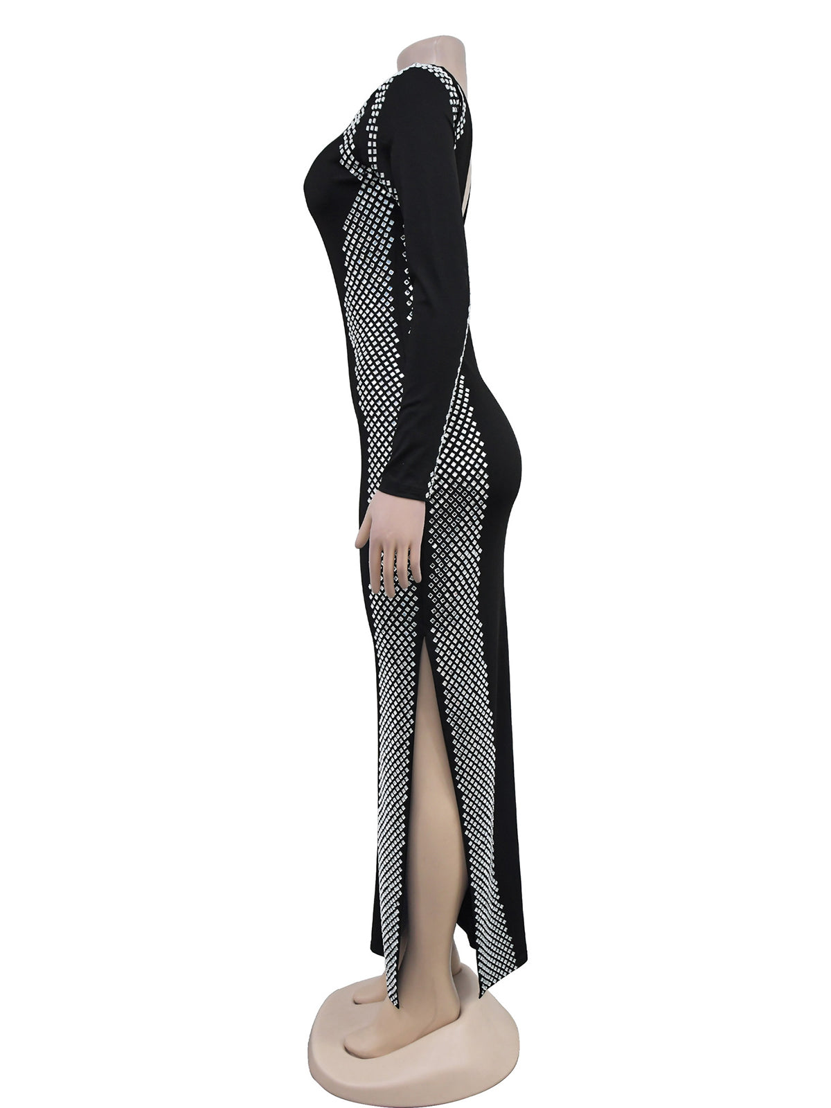 Sexy Rhinestone Bodycon Mesh Long Sleeve Maxi Dress