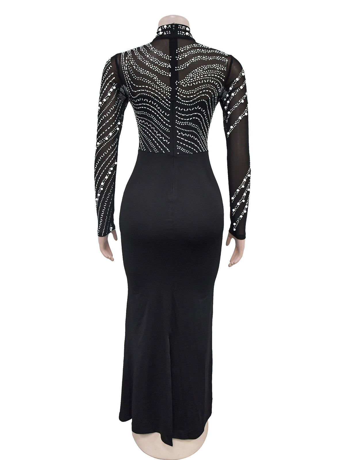 Rhinestone Mesh Patchwork Long Sleeve Maxi Dress