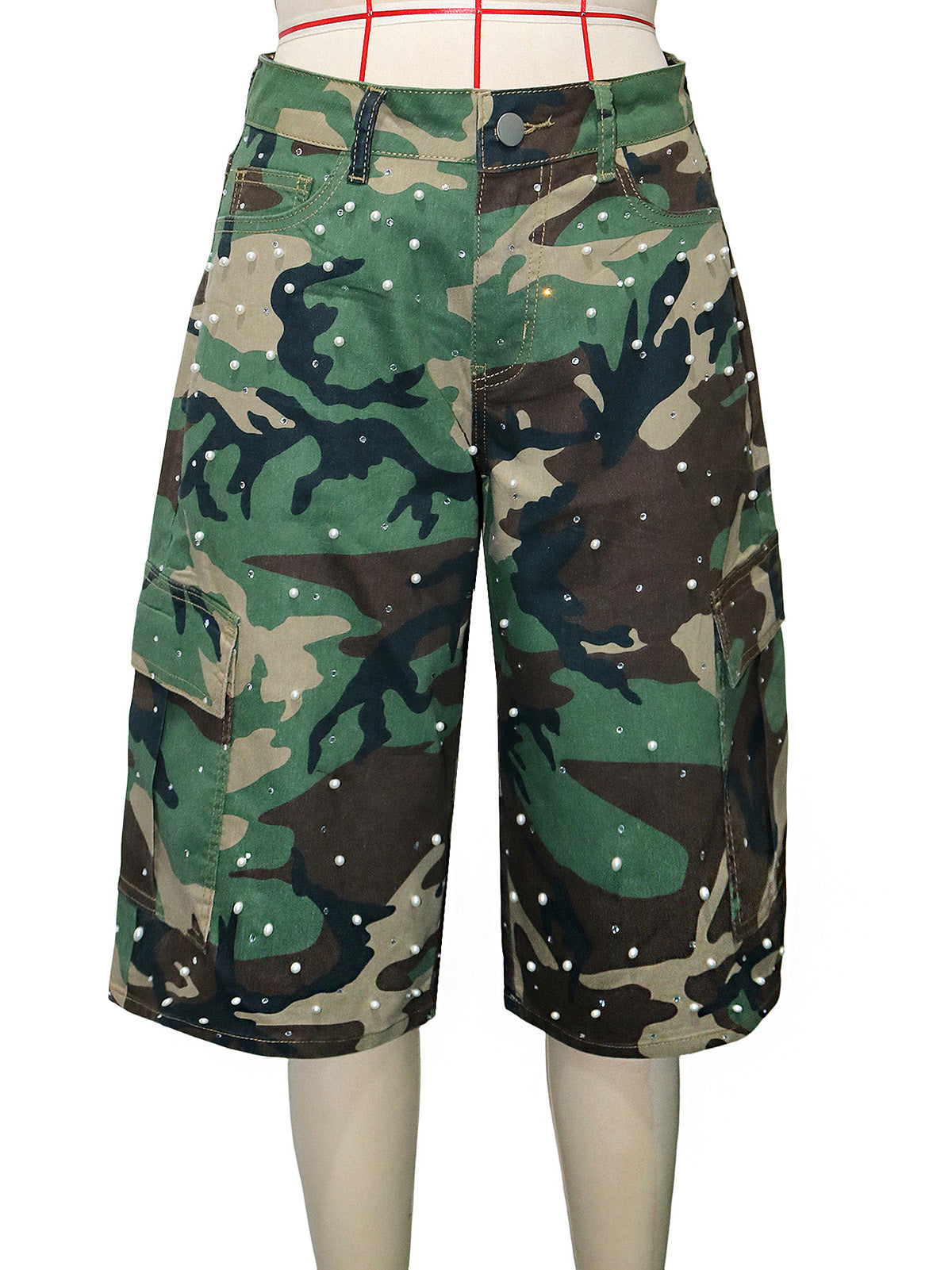 Casual Pearl Embellishments Camo Cargo Shorts