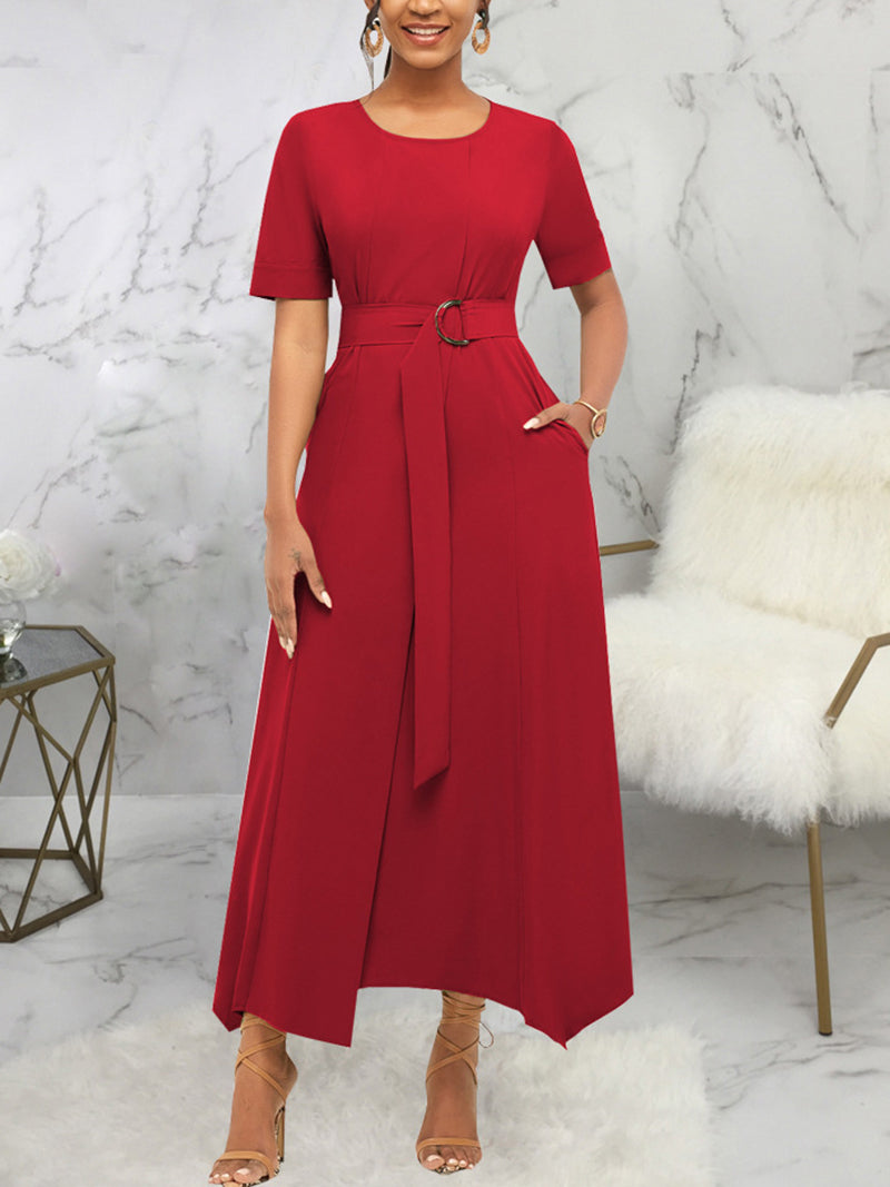 Elegant Round Neck Belted Hem Maxi Dress