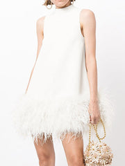 Fashion Sleeveless Feather Patchwork Mini Dress