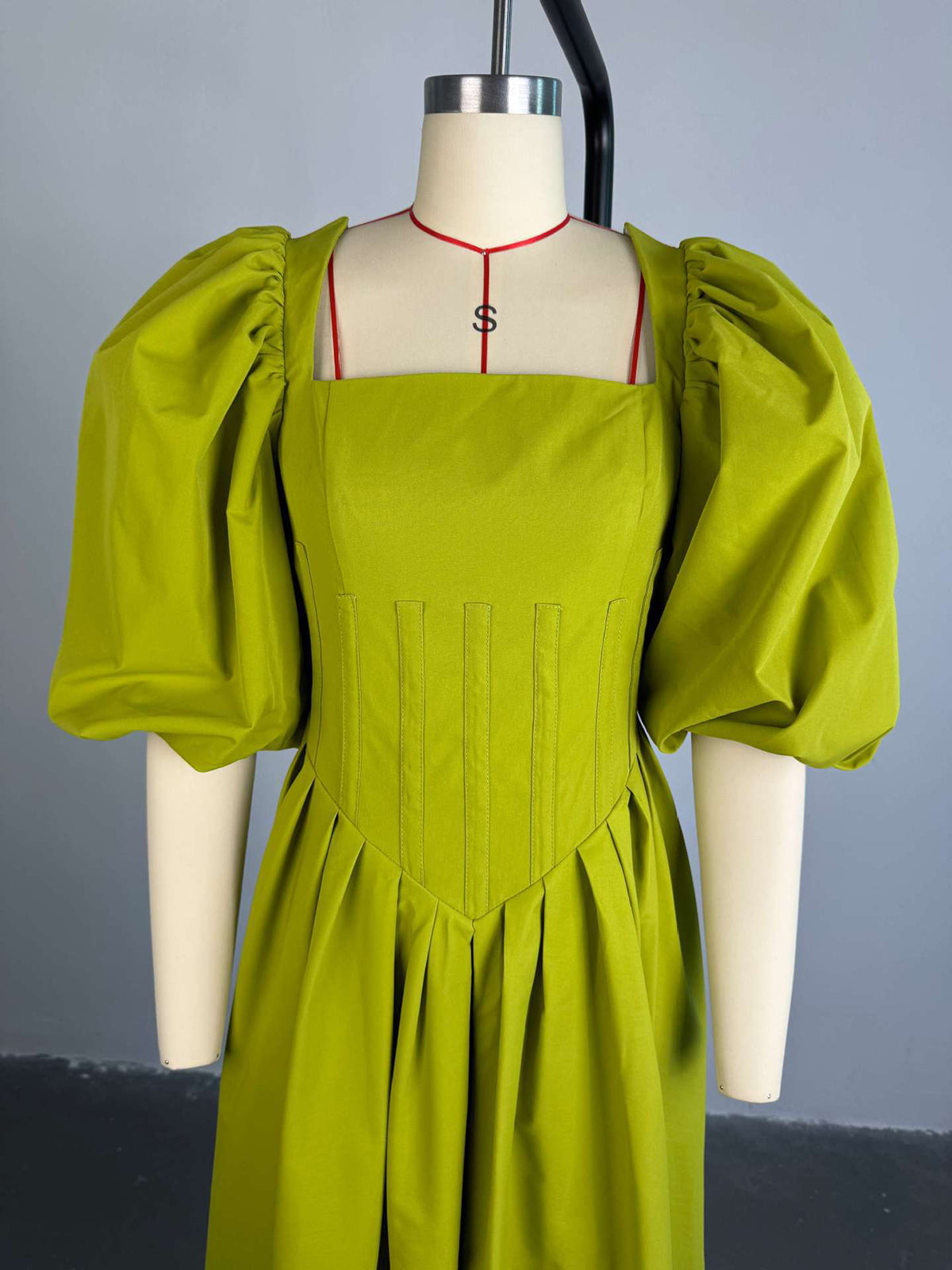 Square Neck Lantern Sleeve Ruched Maxi Dress