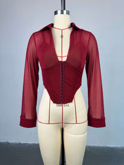 Sexy Mesh Button Corset Long-Sleeve Top