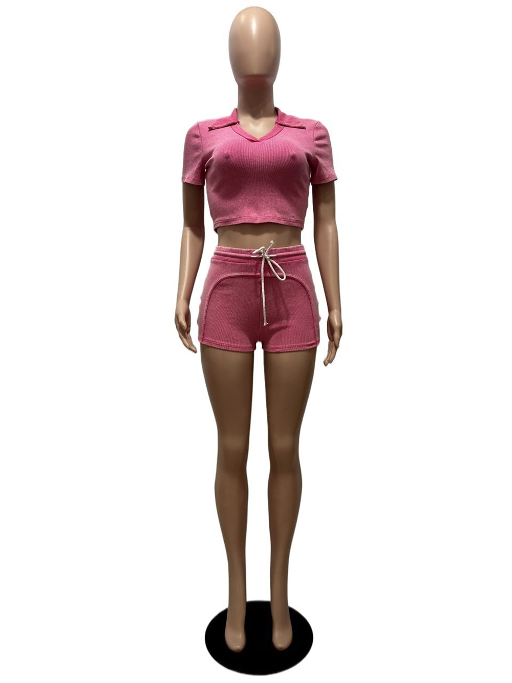 Casual Ribbed Cropped Tops Drawstring Shorts Sets