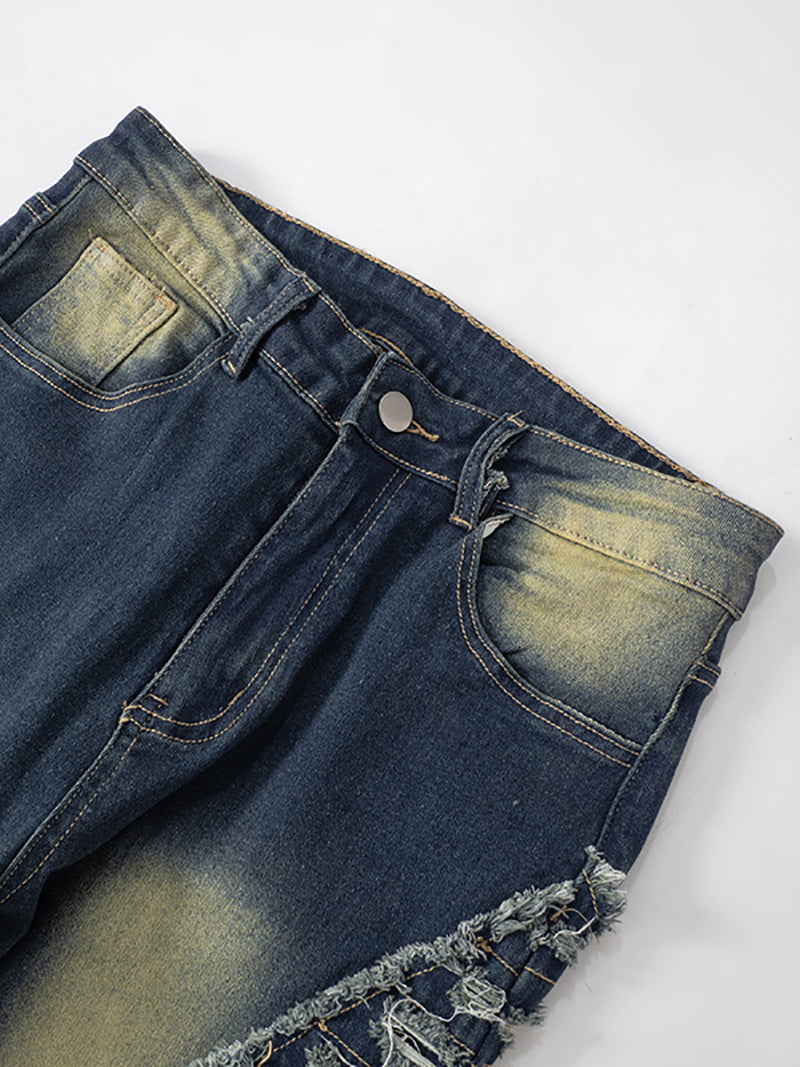 Washed Denim Fuzzy Trim Flared Jeans