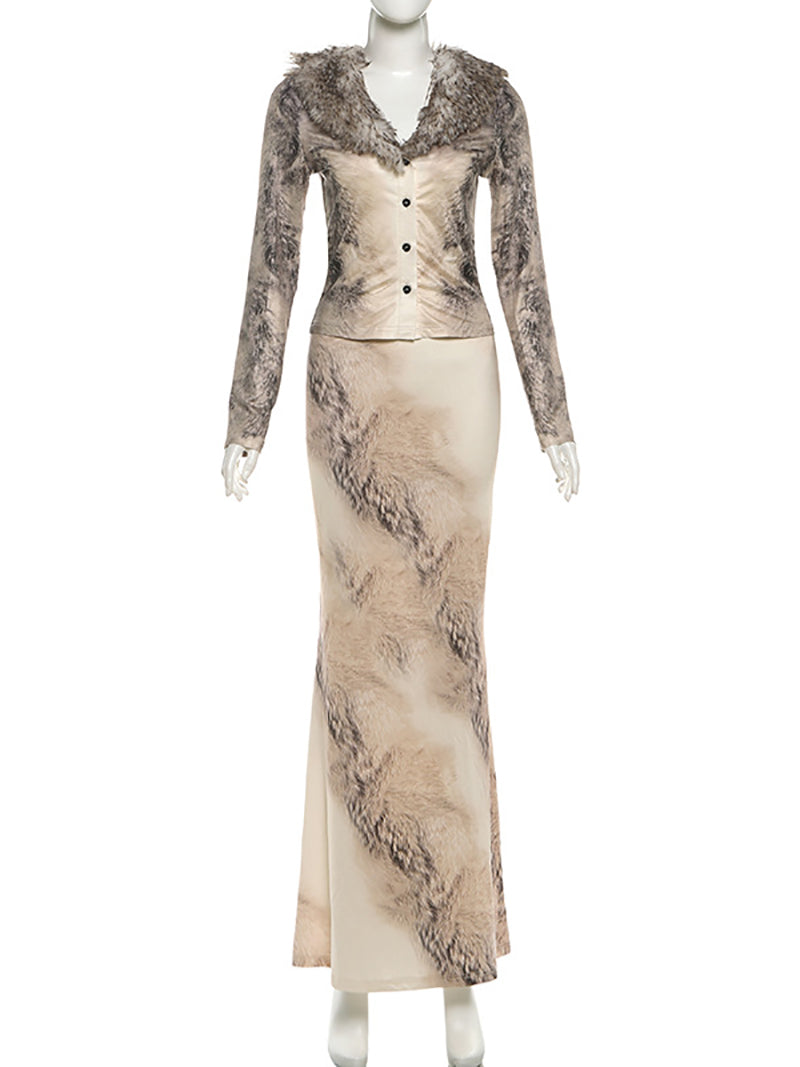 Faux Fur Collar Long Sleeve Print Top and Skirt Sets