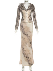 Faux Fur Collar Long Sleeve Print Top and Skirt Sets