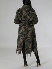 Fashion Casual Camo Ripped Trench Coat