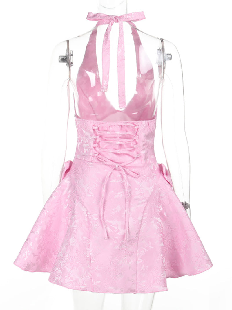 Sexy Jacquard Bow Deep V Halter Mini Dress
