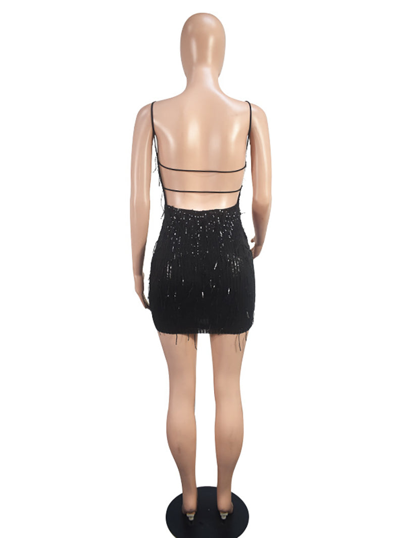 Sexy Sequin Tassel Bodycon Spaghetti Dress