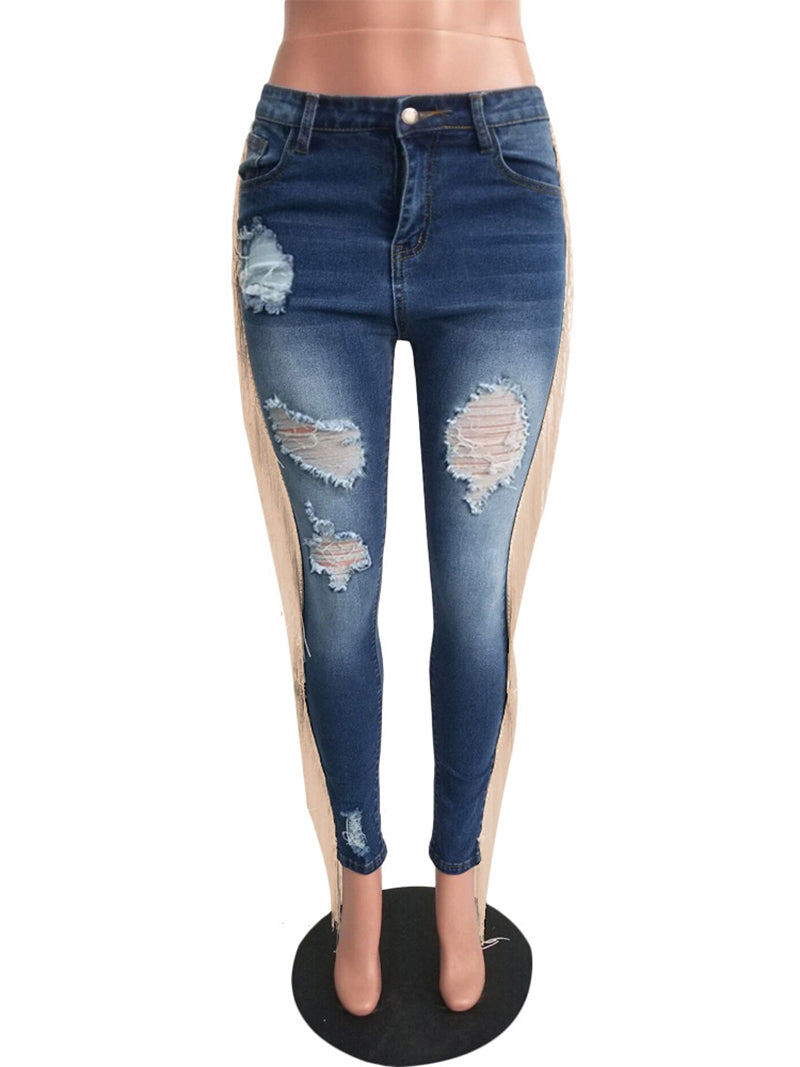 Casual High Waist Ripped Tassel Jeans Pencil Pants
