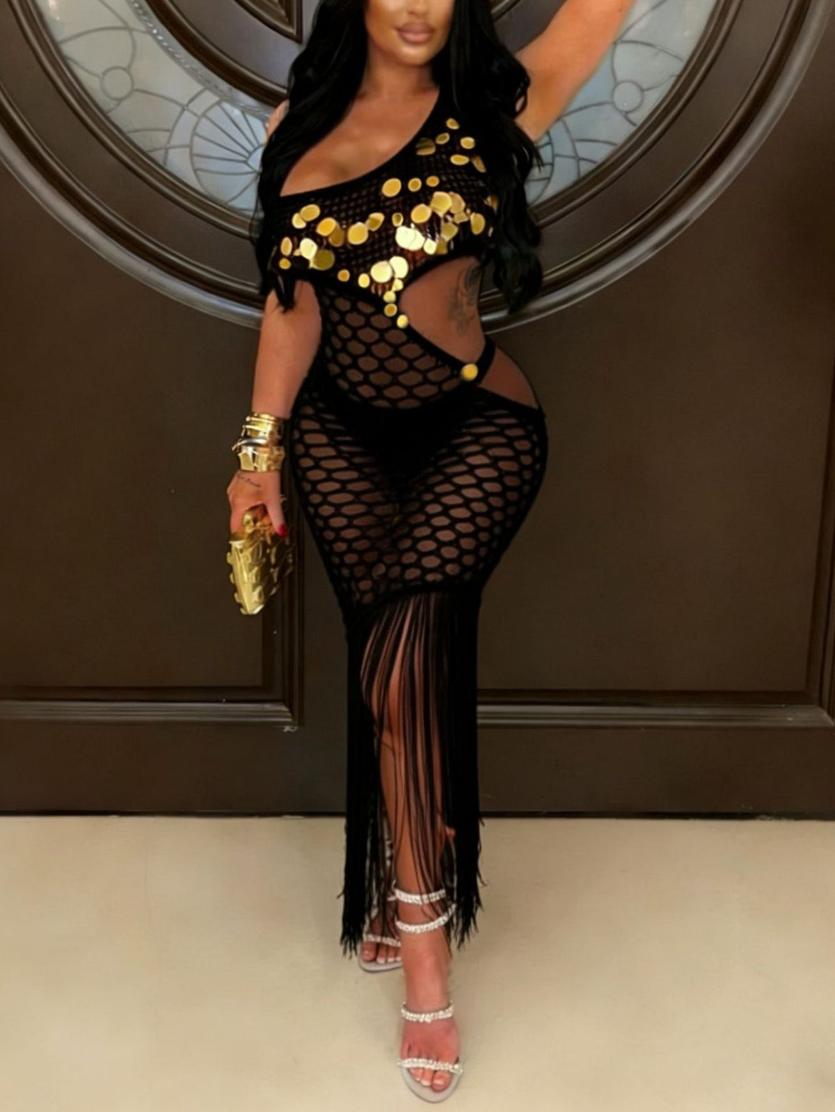 Sexy Sequin Knitted Tassels Club Maxi Dress
