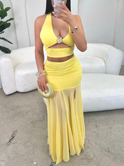 Sexy Hollow Out Halter Tops Mesh Skirt Two Piece Set