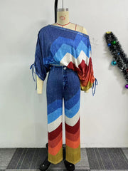 Fashion Denim Color Print Striped Two Piece Pant Set